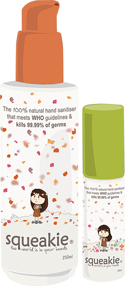The Squeakie natural hand sanitiser packaging of 50ml and 250ml bottles